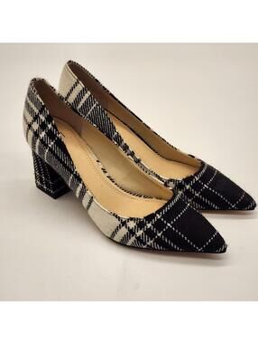 Marc Fisher LTD Zella 5 Plaid Block Heel Pumps Ivory Black Pointed Toe Size 6 M